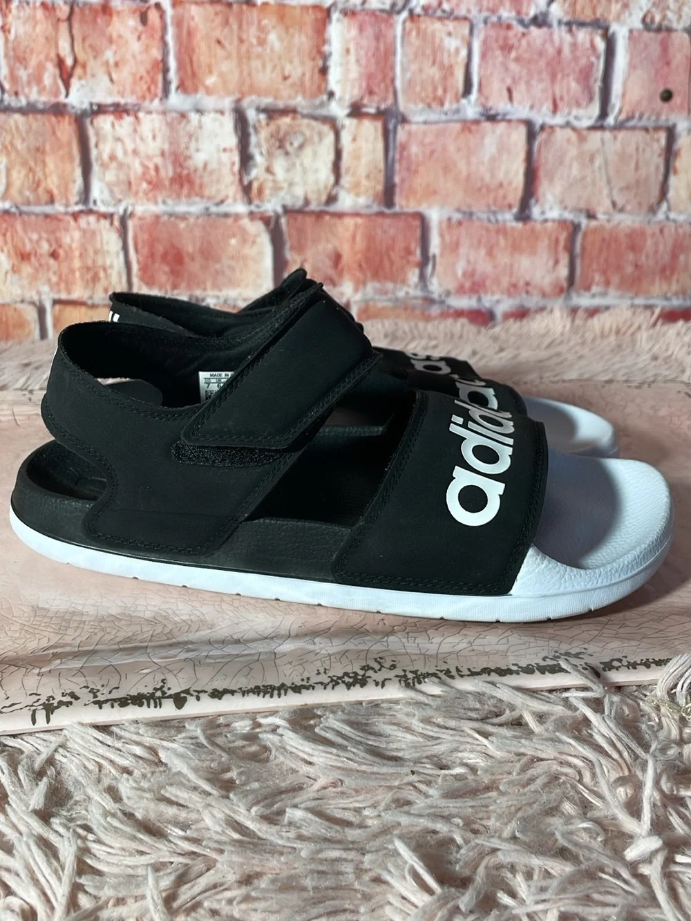 adidas Black and White Kids Logo Strap Sandals